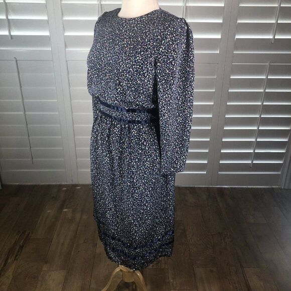 Vtg 80s Stuart Alan Petites Blue Floral Secretary Dress 14 Blouson Prairie - Picture 3 of 12